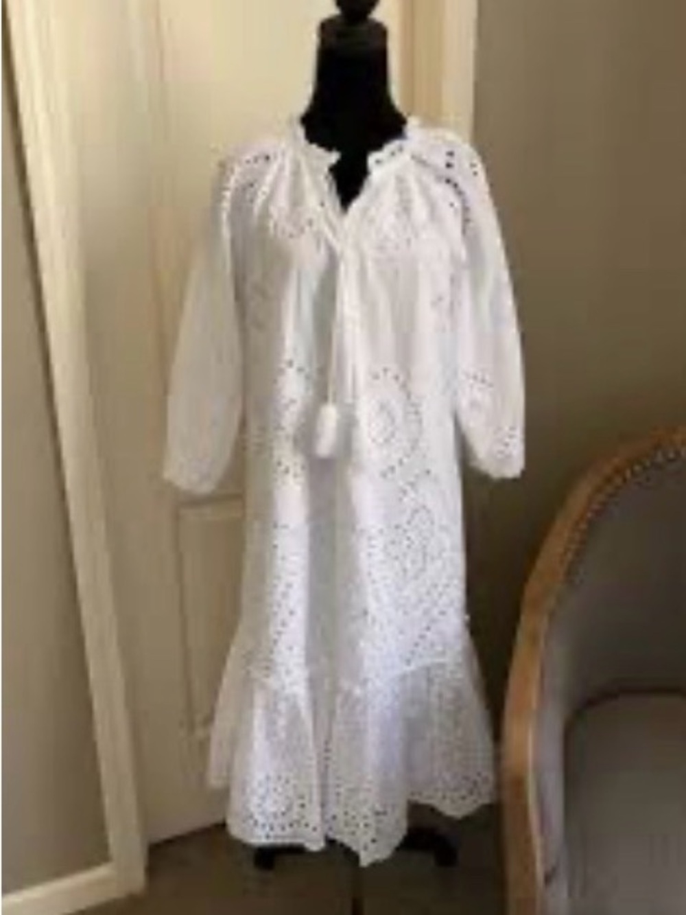 Soft Surroundings White Eyelet Dress with Tassel Tie